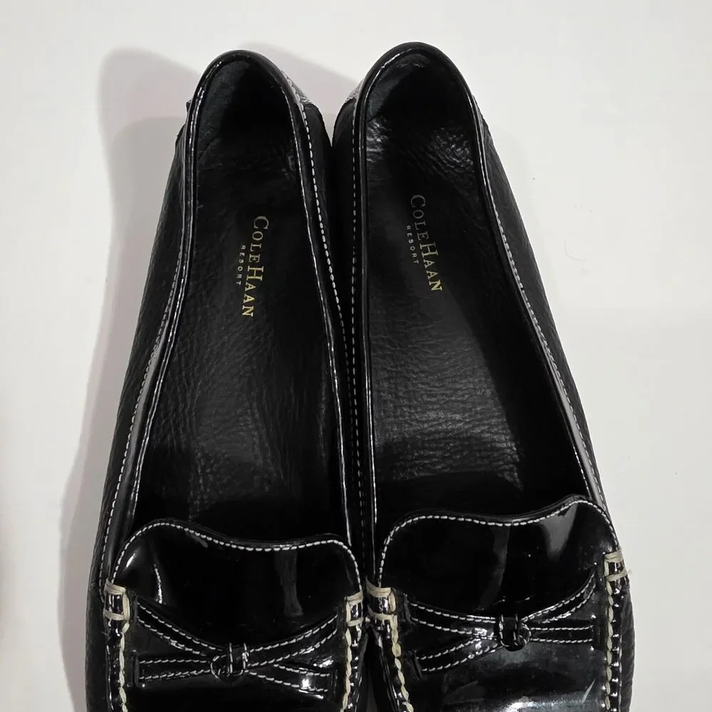 Cole Haan Black Patent & Leather Loafers with White Stitching - Picture 3 of 11